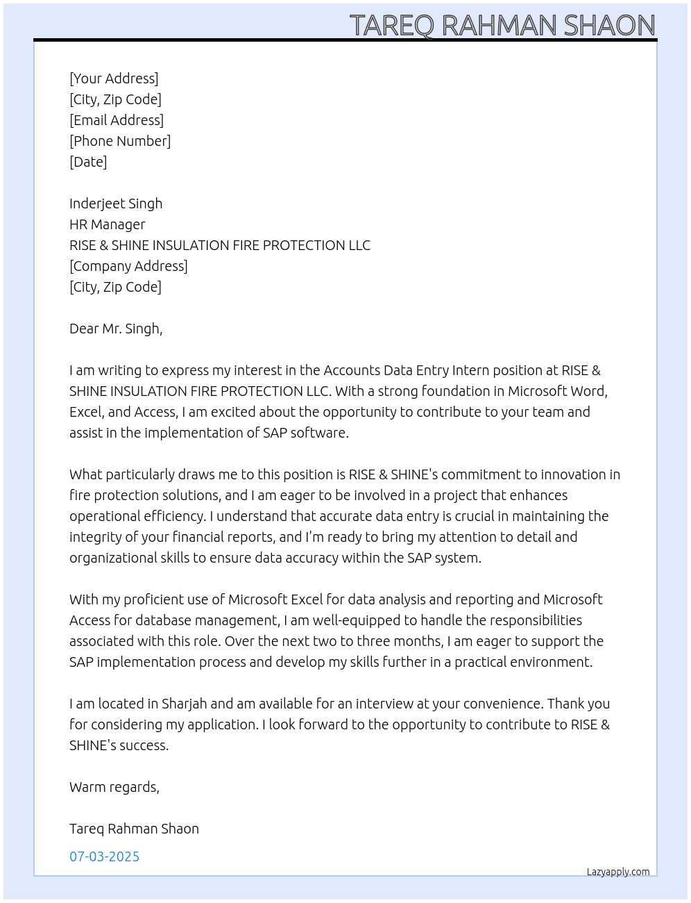 Cover letter for accounts data entry intern - LazyApply