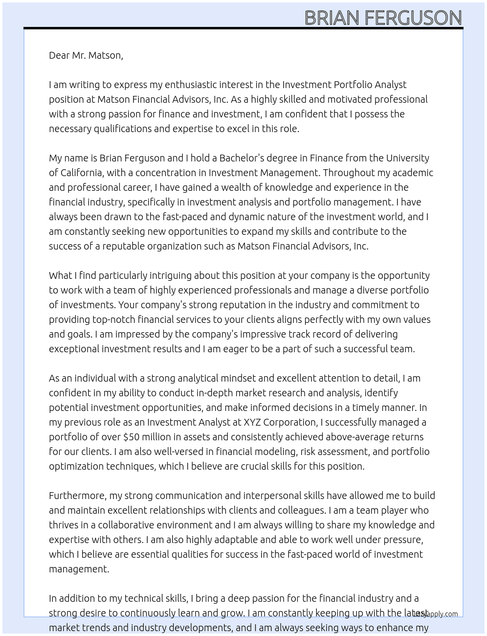 Investment Portfolio Analyst At Matson Financial Advisors, Inc Cover Letter