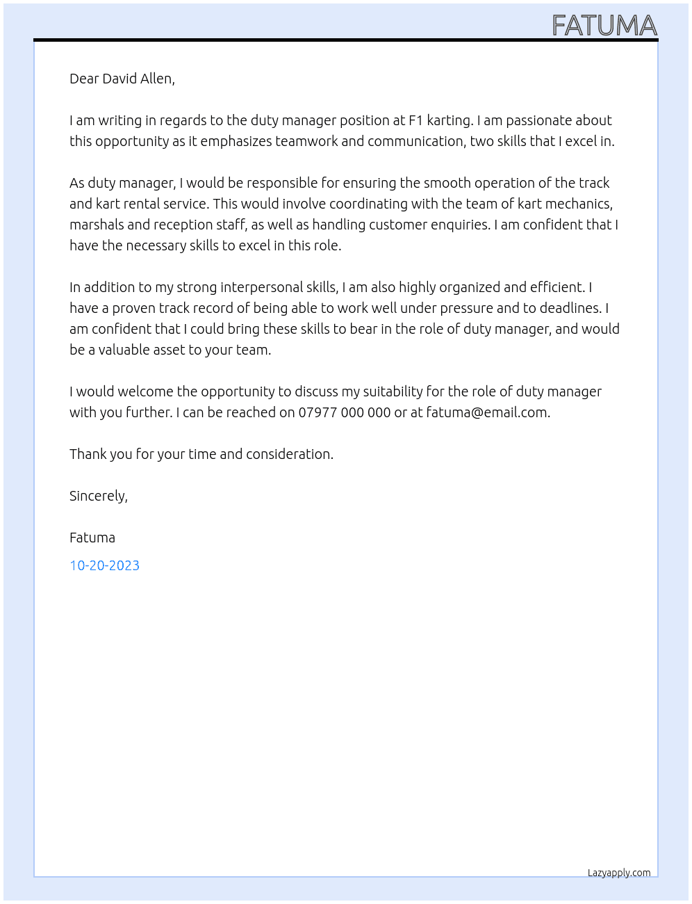 duty manager At F1 karting Cover Letter