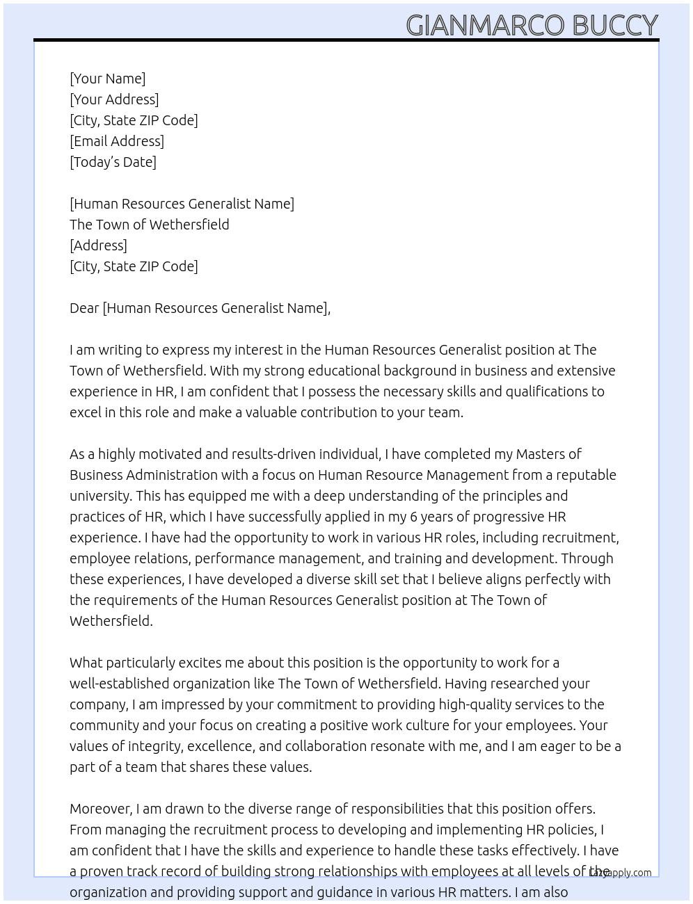 Human Resources Generalist At The Town of Wethersfield Cover Letter
