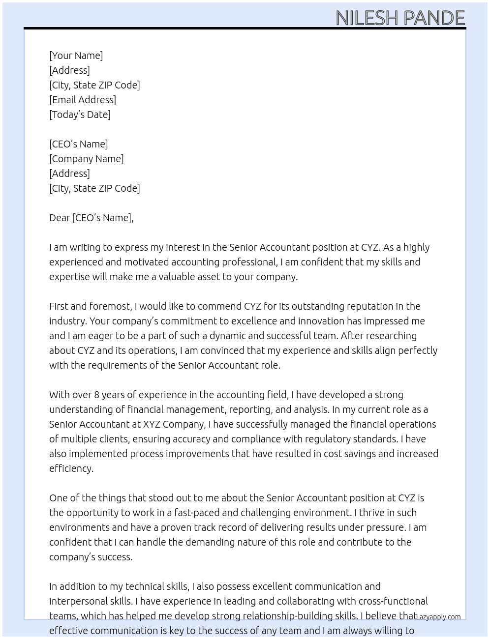 Senior Accountant  At CYZ Cover Letter