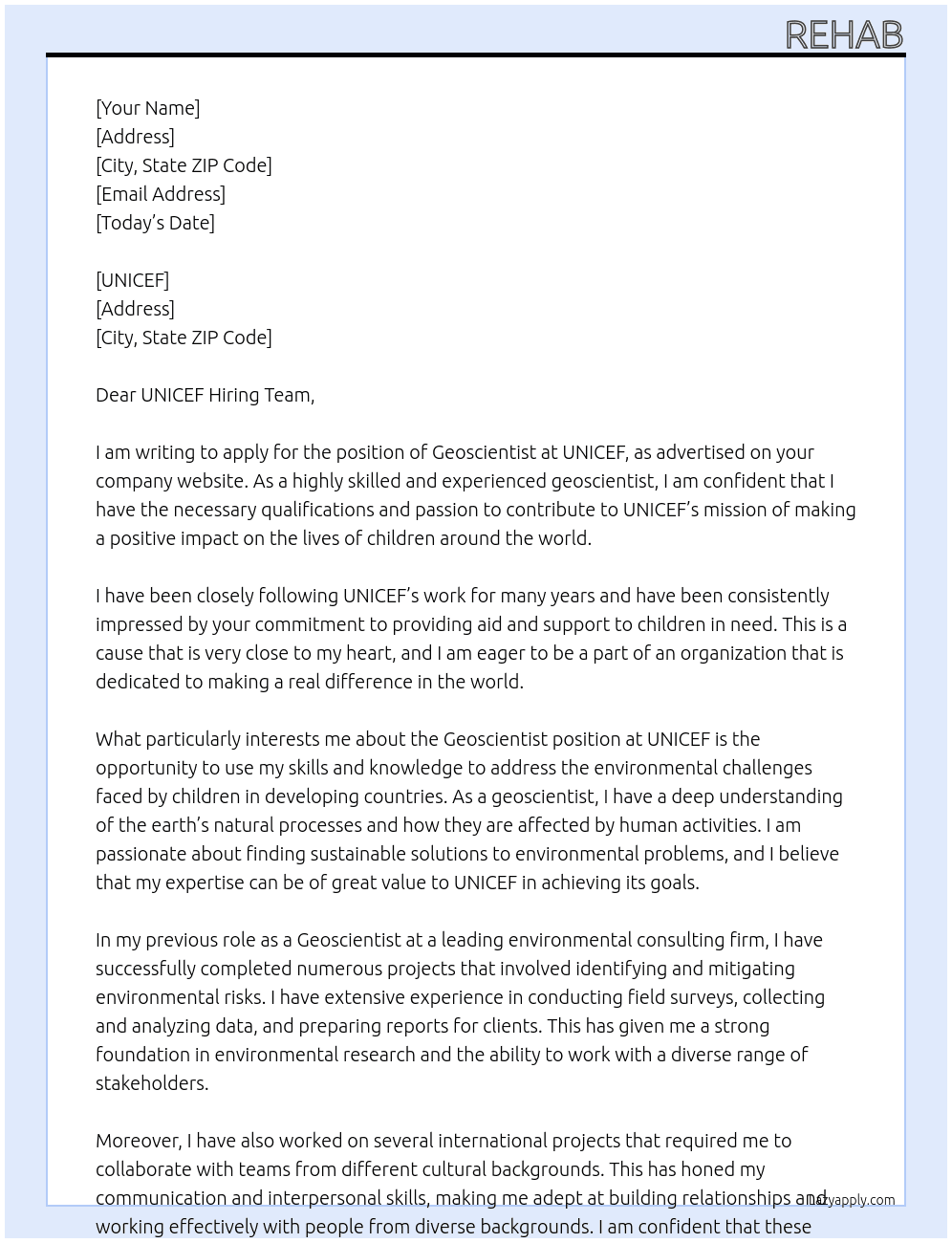 Geoscientist At UNICEF Cover Letter