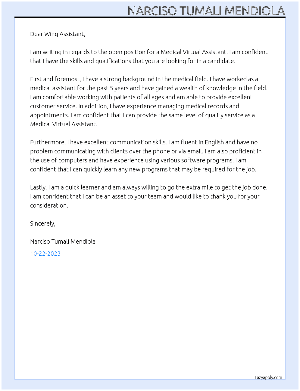 Medical Virtual Assistant At Wing Assistant Cover Letter