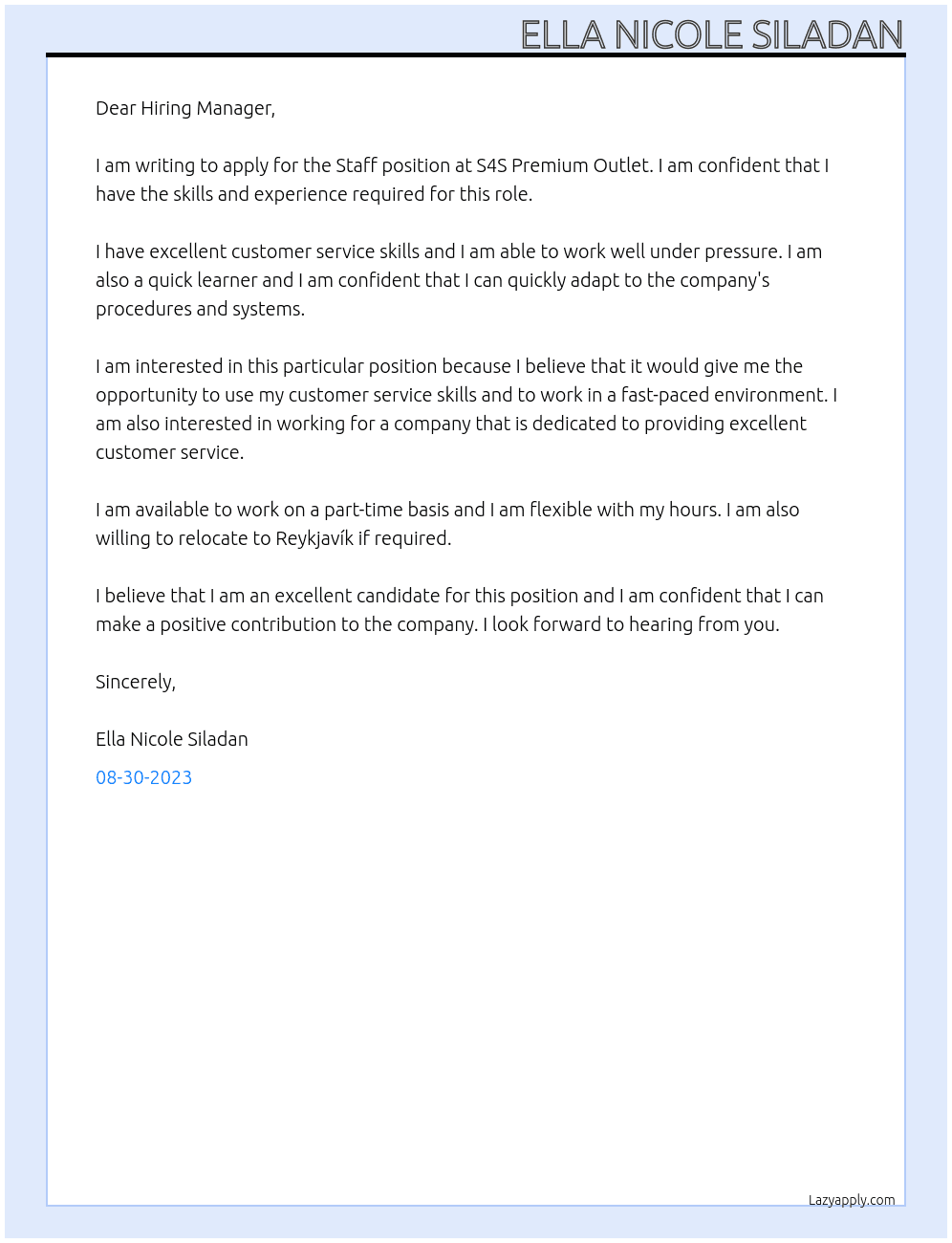 Staff At S4S Premium Outlet Cover Letter