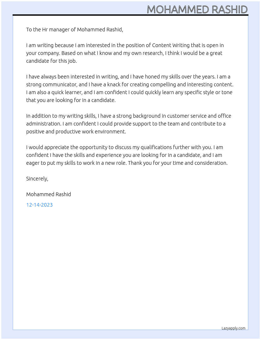 Content Writing At Mohammed Rashid Cover Letter