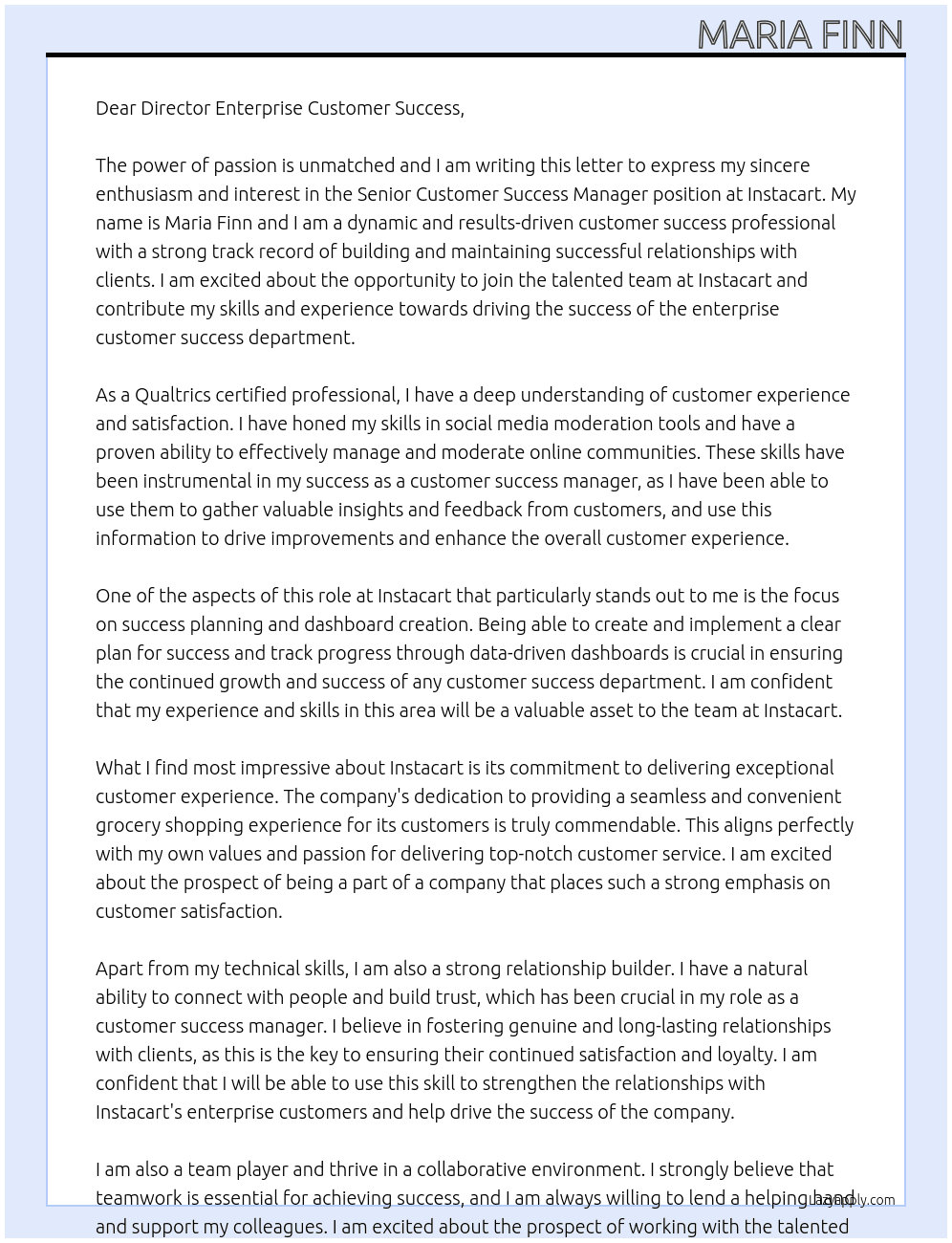Senior Customer Success Manager At Instacart Cover Letter
