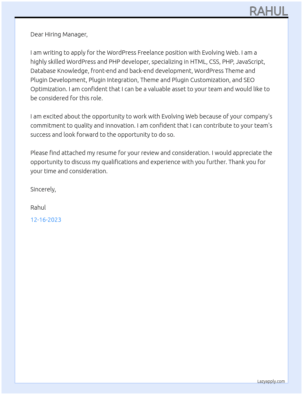 Wordpress Freelance At Evolving Web Cover Letter