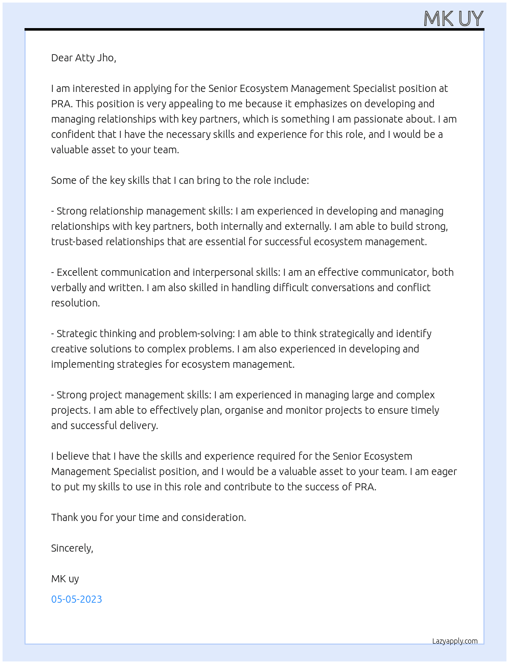 Senior Ecosystem Management Specialist At PRA Cover Letter