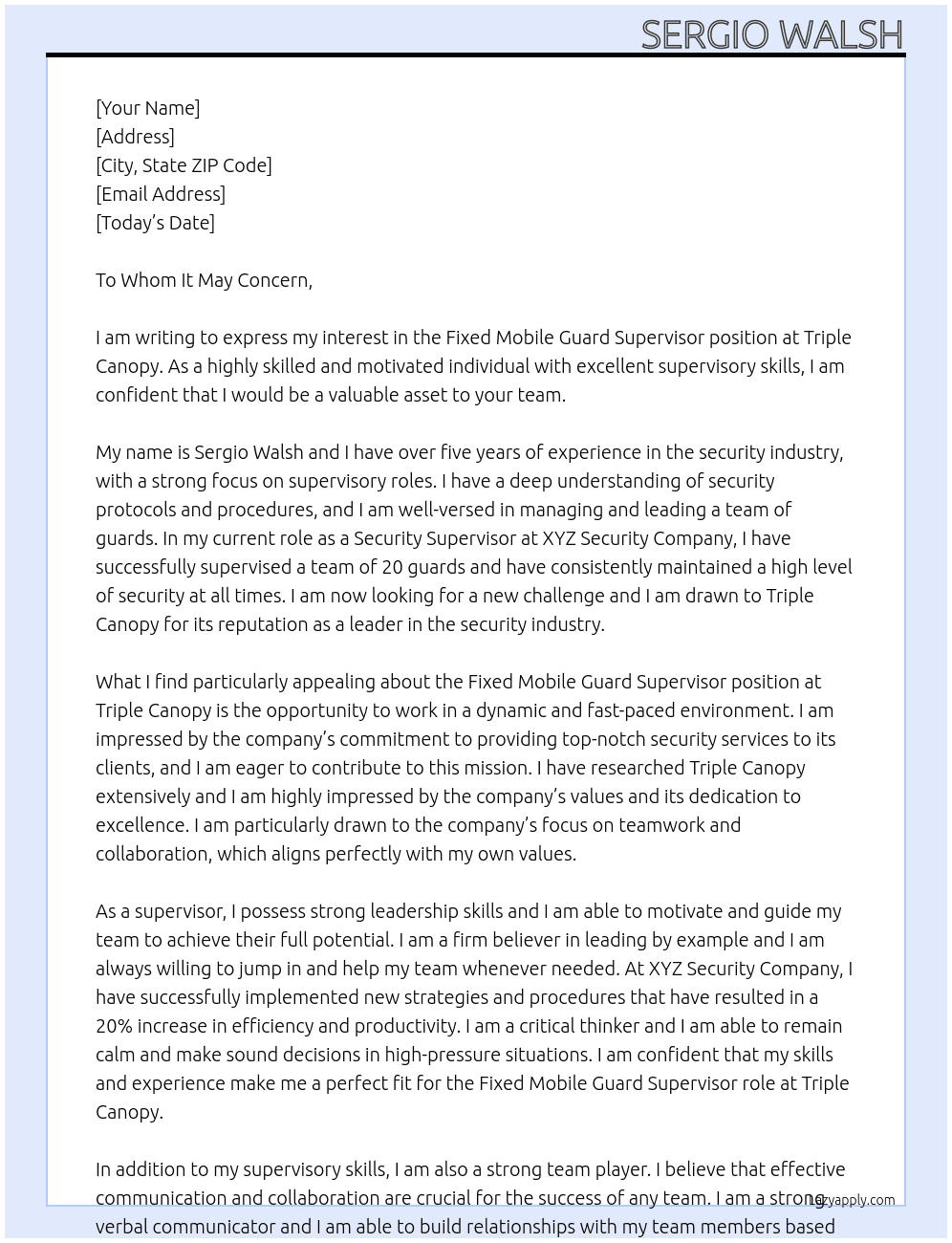 Fixed Mobile Guard Supervisor At Triple Canopy Cover Letter