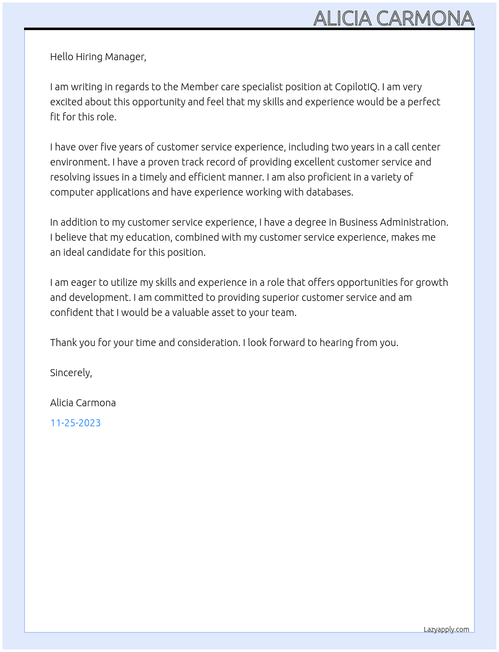 Member care specialist At CopilotIQ Cover Letter