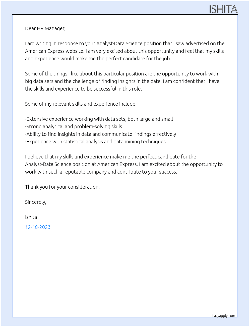 Analyst-Data Science At American express Cover Letter
