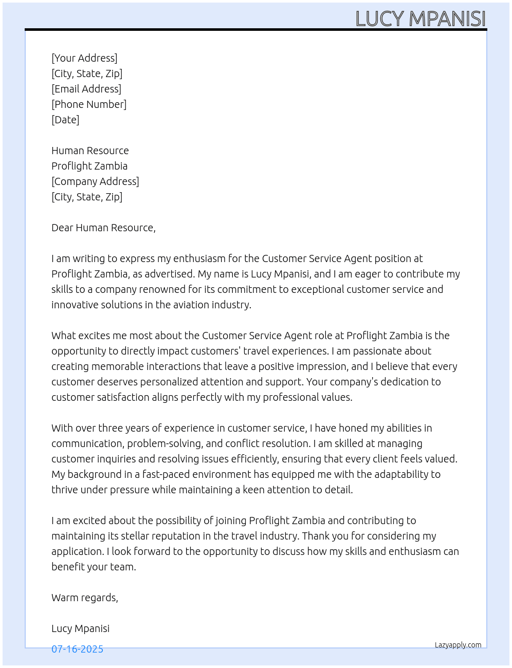 Customer service agent At Proflight Zambia  Cover Letter