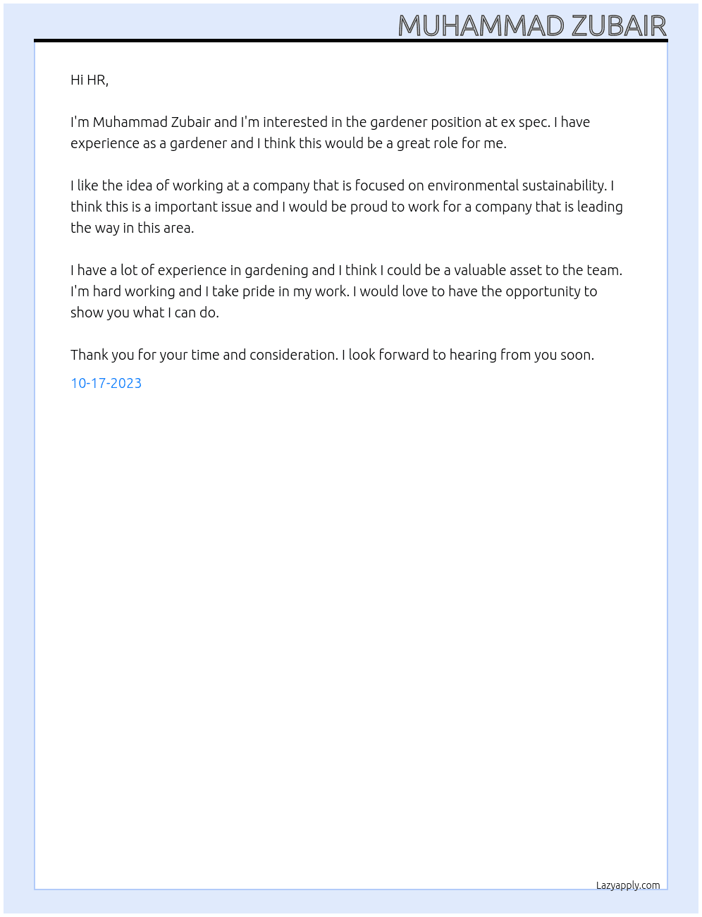 Gardener At ex spec Cover Letter