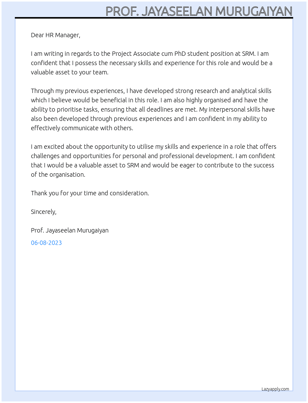 project associate cum PhD student At SRM Cover Letter