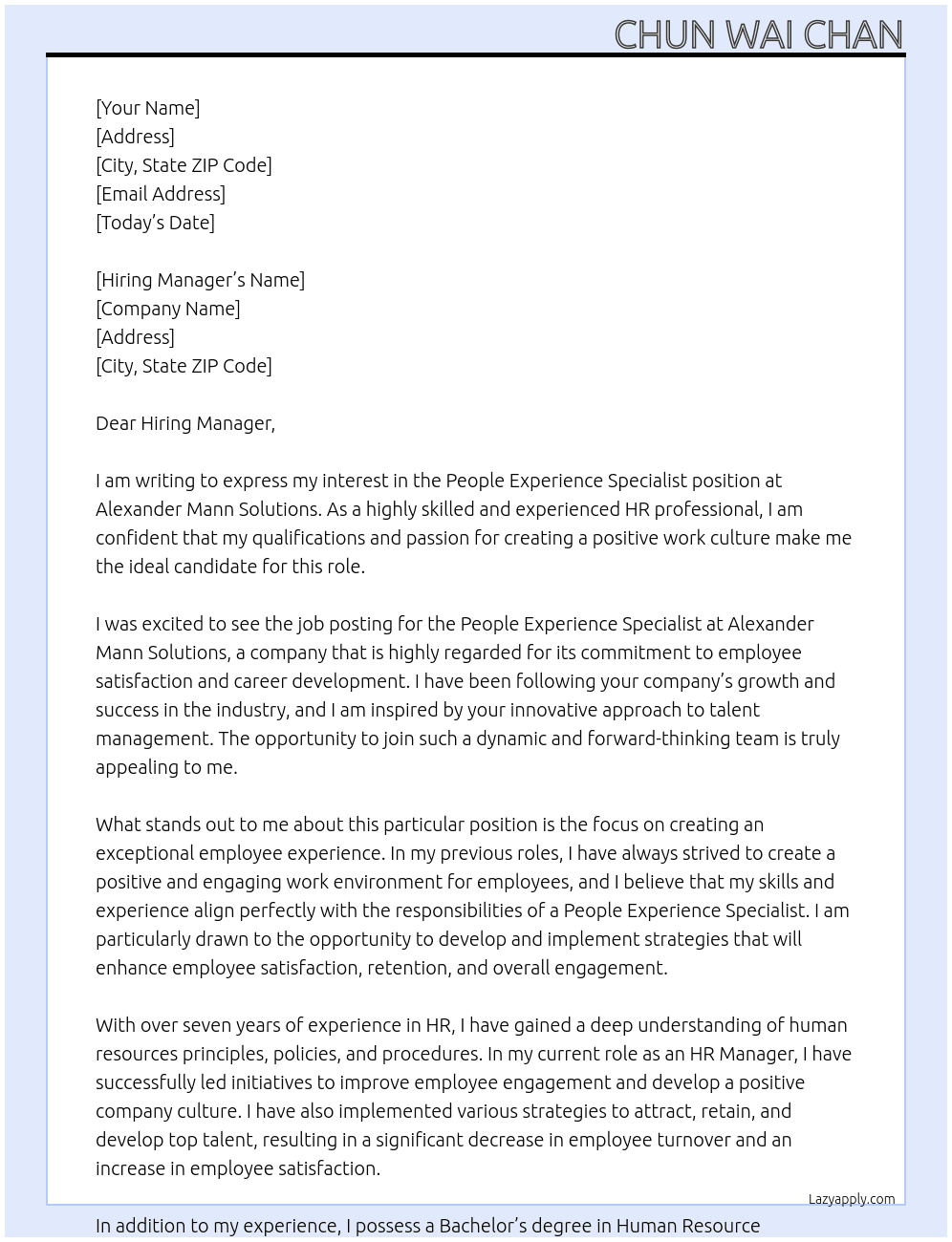 People Experience Specialist At Alexander Mann Solutions Cover Letter
