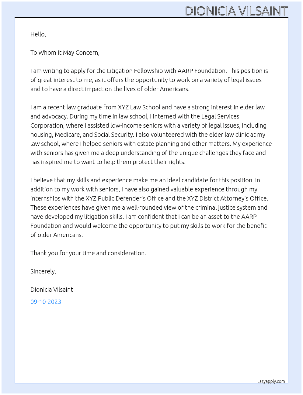 Litigation Fellowship At AARP Foundation Cover Letter