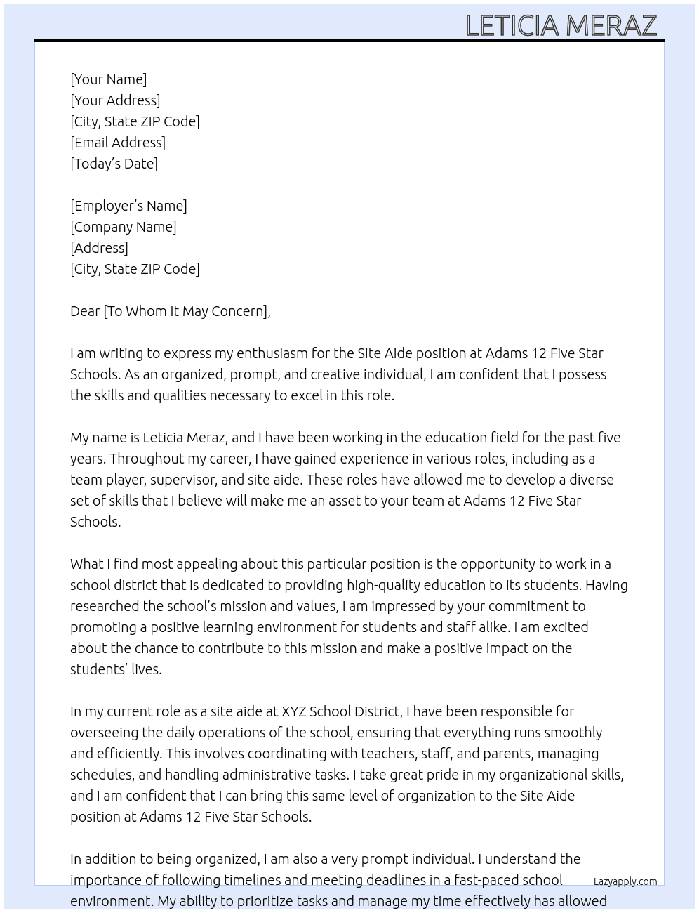 Site Aide At Adams 12 Five Star Schools Cover Letter