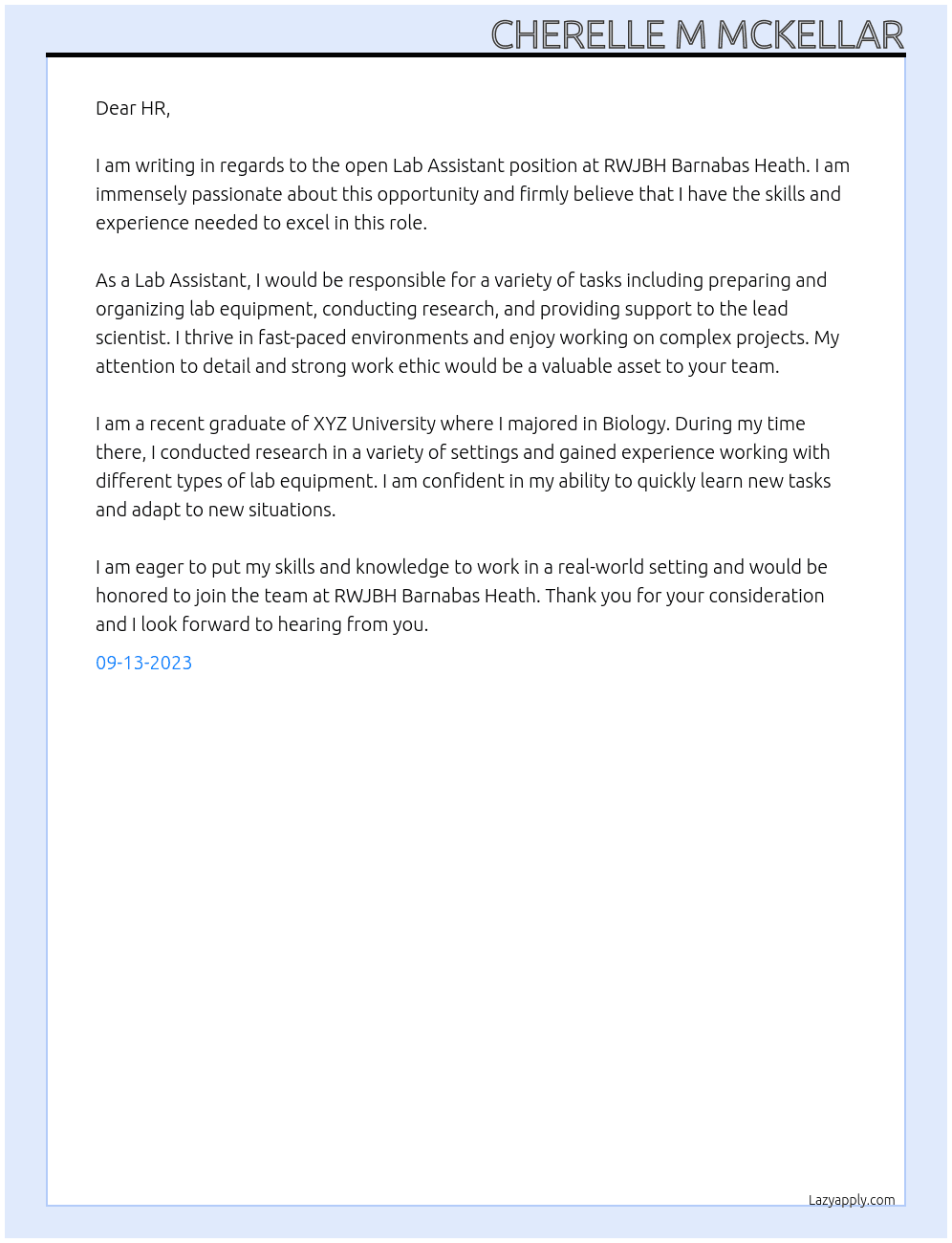Lab Assistant  At RWJBH Barnabas Heath Cover Letter