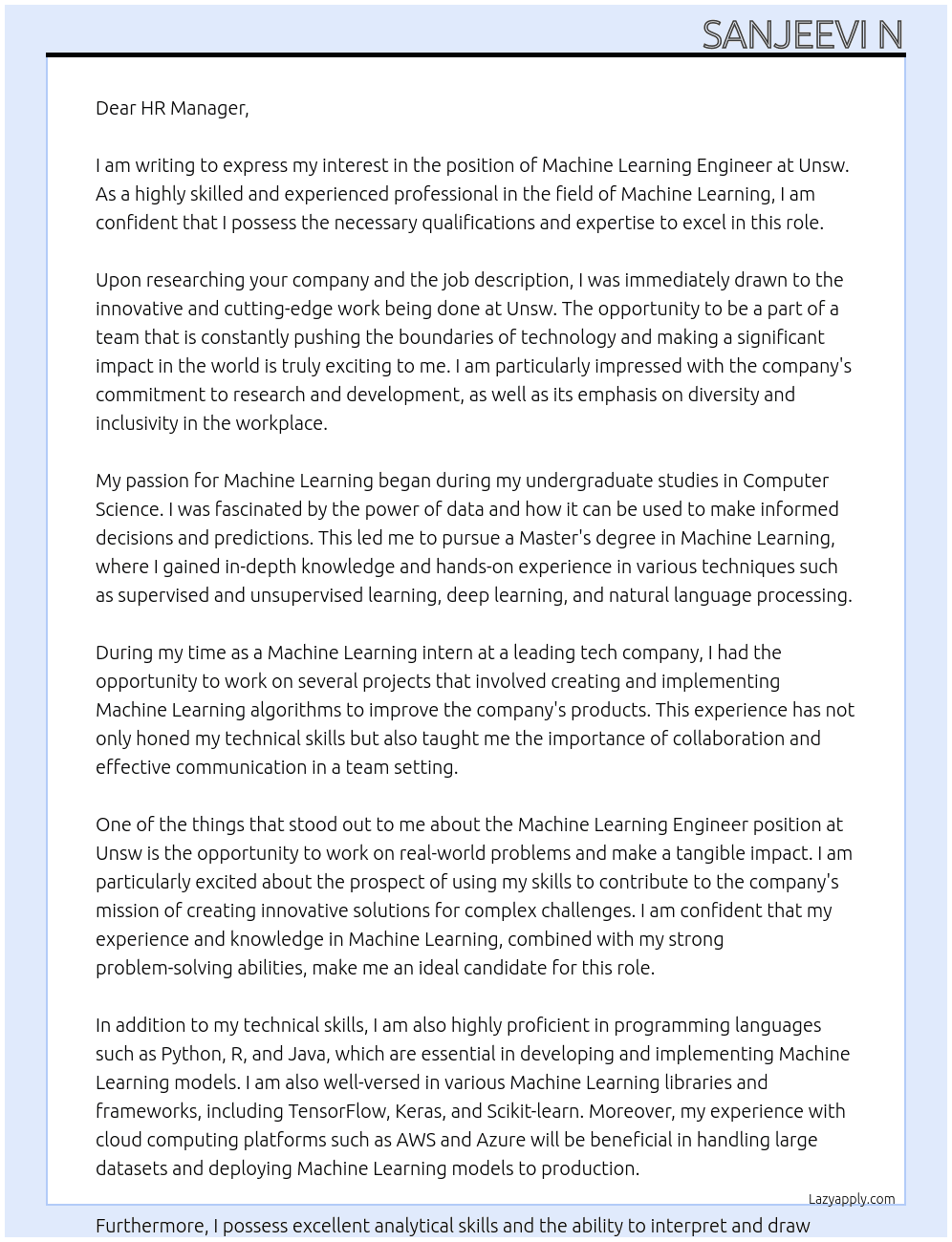 Machine learning engineer  At Unsw Cover Letter
