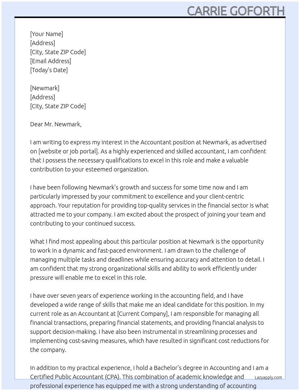 Accountant At Newmark Cover Letter