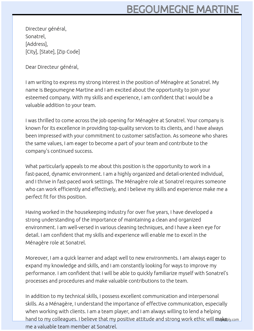 Ménagère  At Sonatrel  Cover Letter