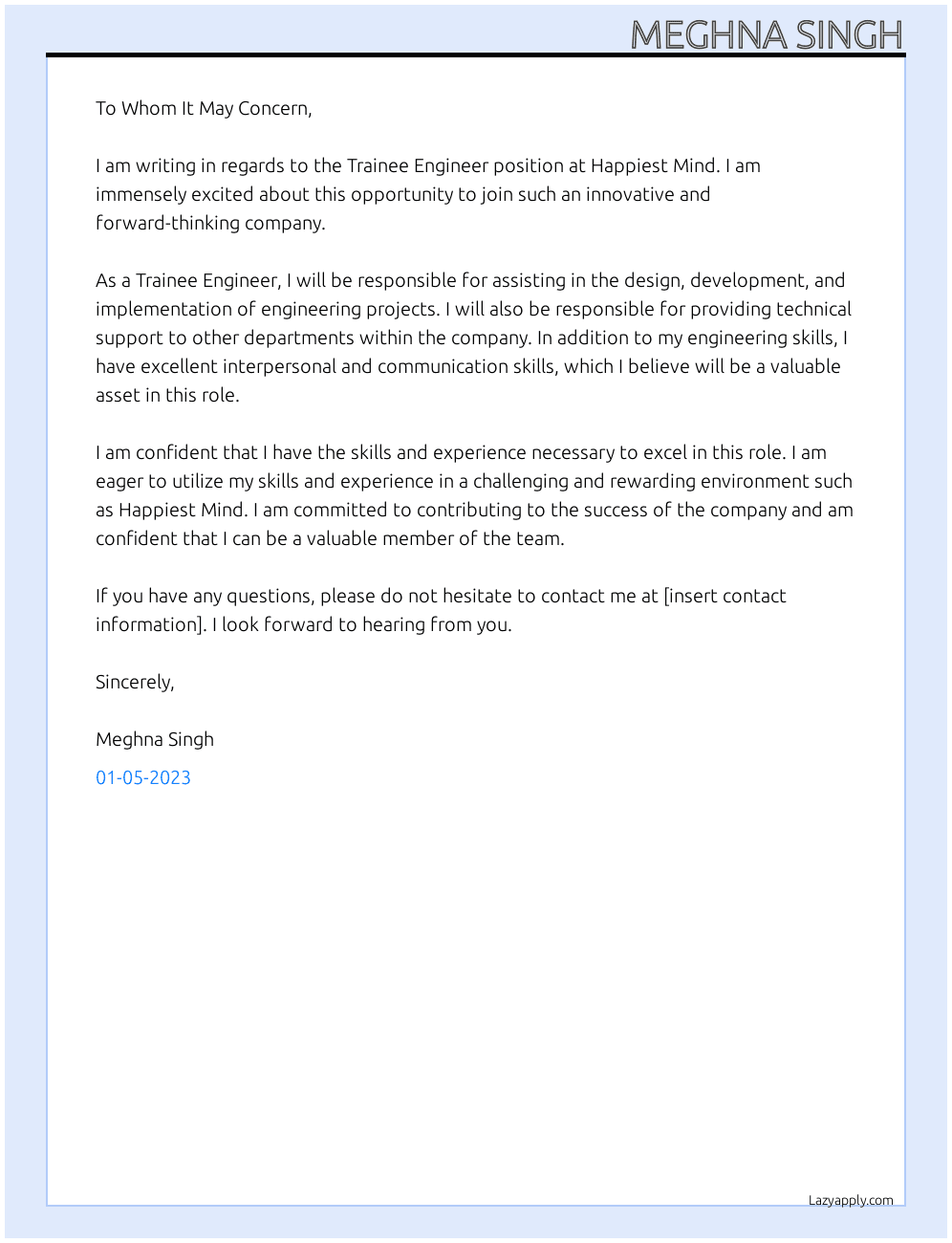 TRAINEE  ENGINEER At Happiest mind Cover Letter