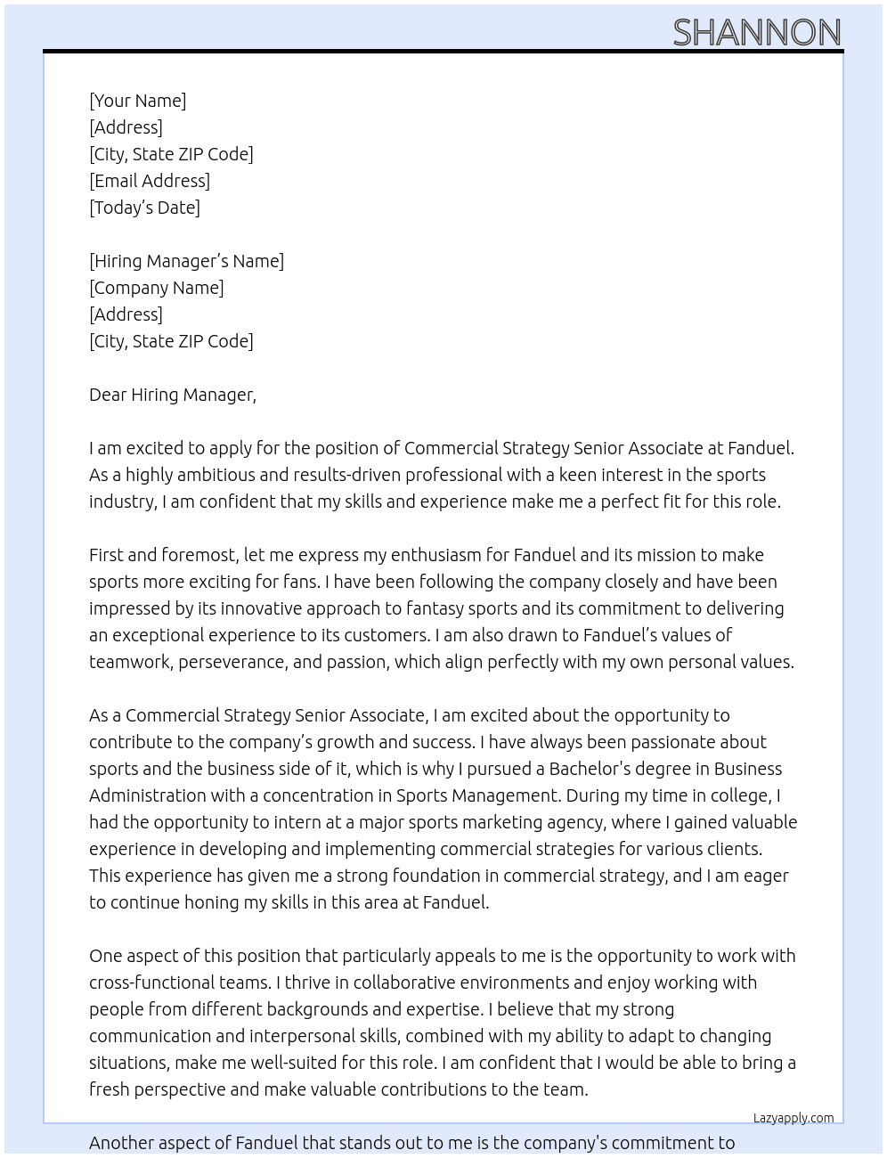 Commercial Strategy Senior Associate  At Fanduel Cover Letter