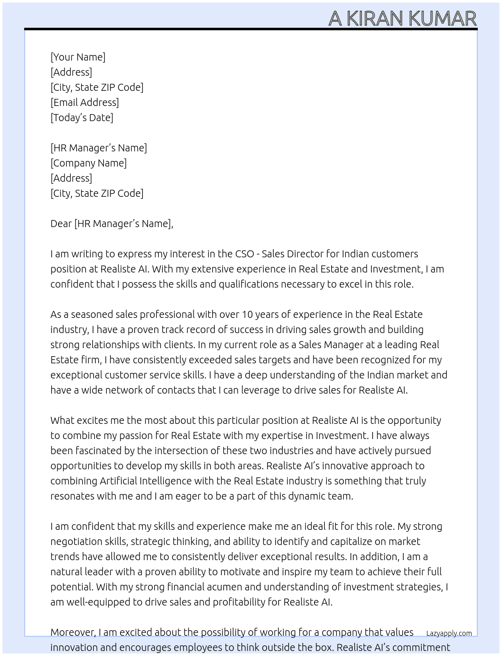 CSO - Sales Director (Indian customers)  At Realiste AI Cover Letter