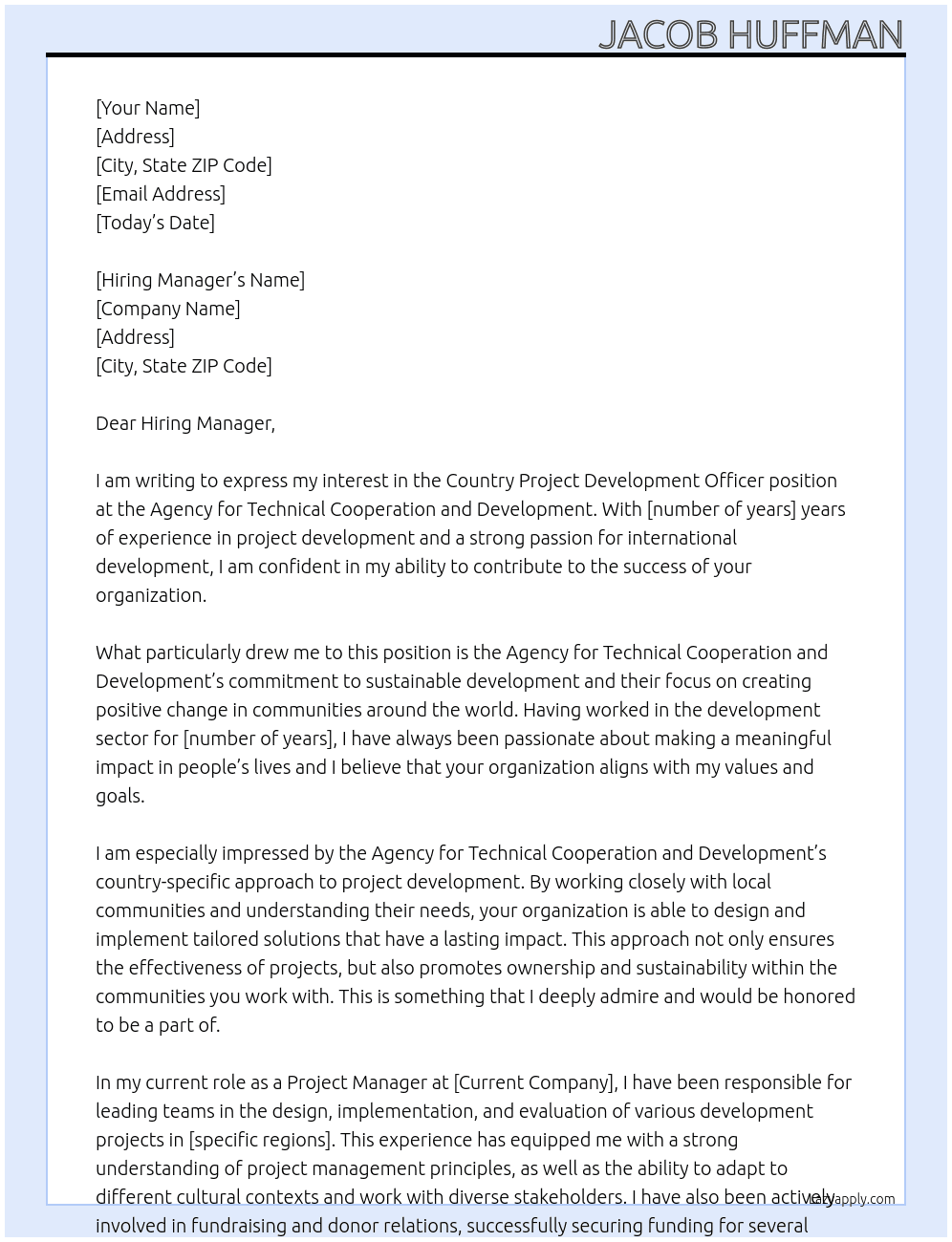 Country Project Development Officer At Agency for Technical Cooperation and Development Cover Letter