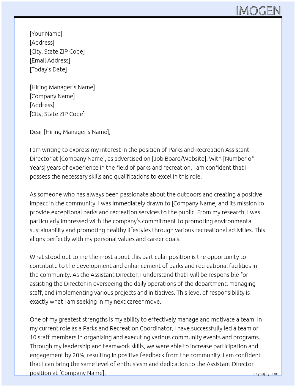 parks and recreation assistant director At Parks and Recreation Cover Letter