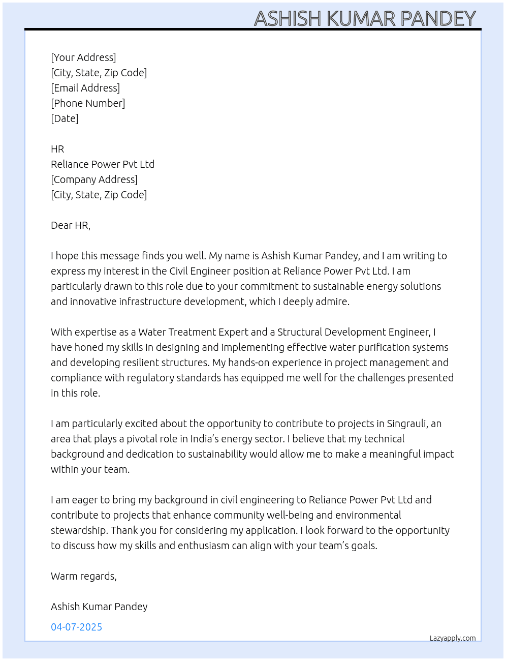 Civil Engineer At Reliance Power Pvt Ltd Cover Letter