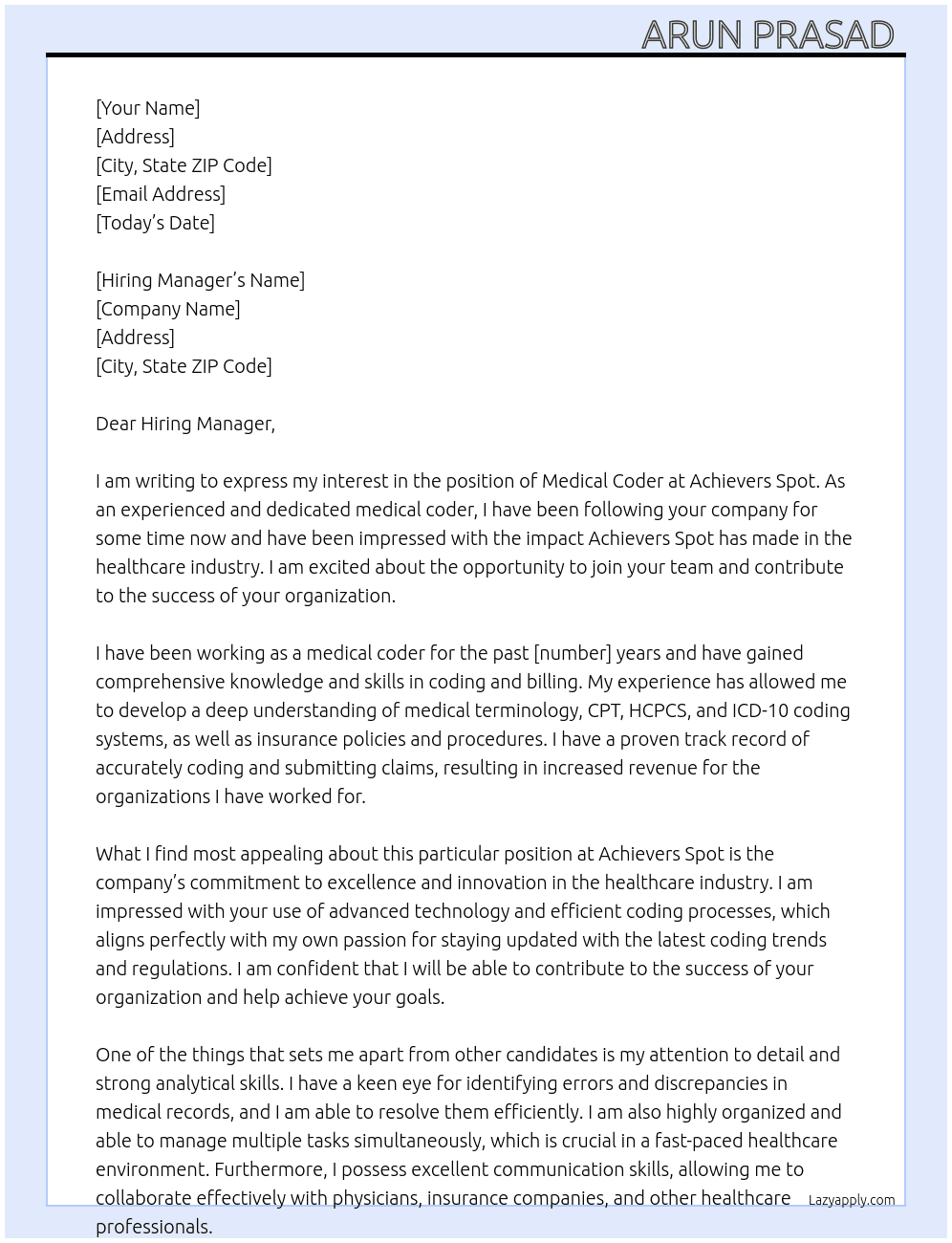 Medical coder At Achievers Spot Cover Letter