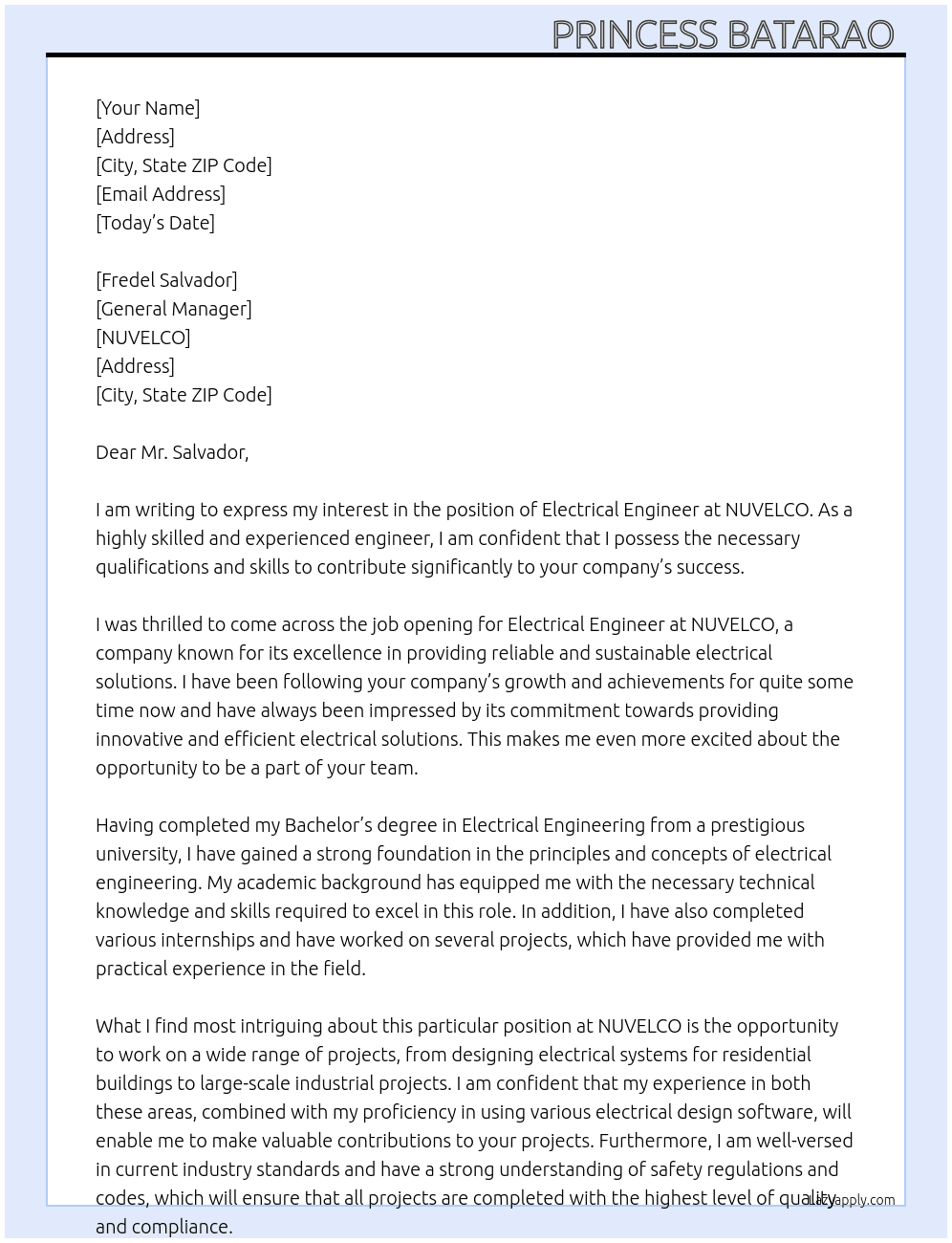 Electrical Engineer  At NUVELCO Cover Letter