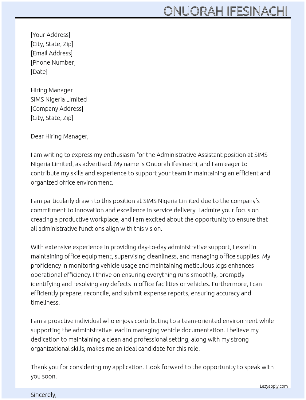 Administrative assistant  At SIMS Nigeria Limited Cover Letter