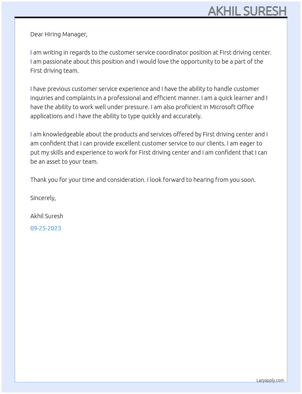 customer service coordinator At First  driving center Cover Letter
