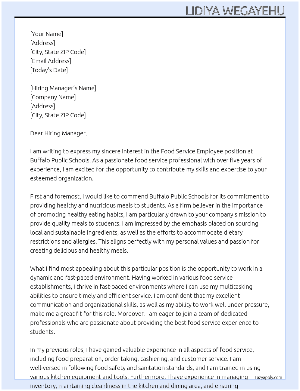 Food Service Employee At Buffalo Public Schools Cover Letter