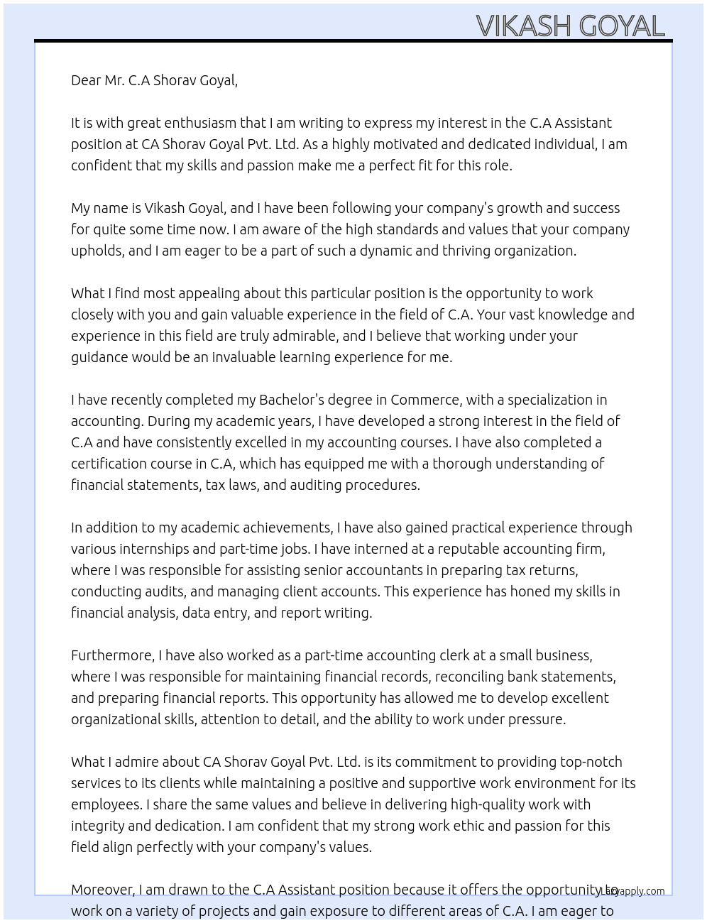 C a assistant  At CA Shorav goyal pvt ltd. Cover Letter