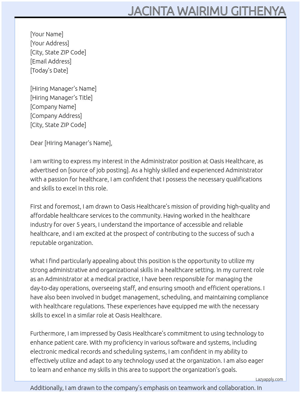 Administrator  At Oasis Healthcare Cover Letter