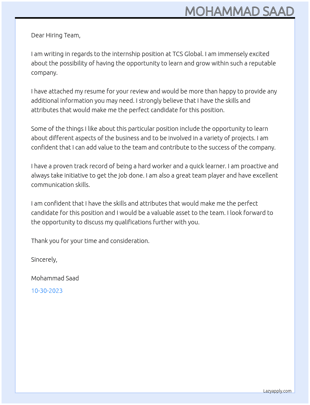 Internship At TCS Global Cover Letter