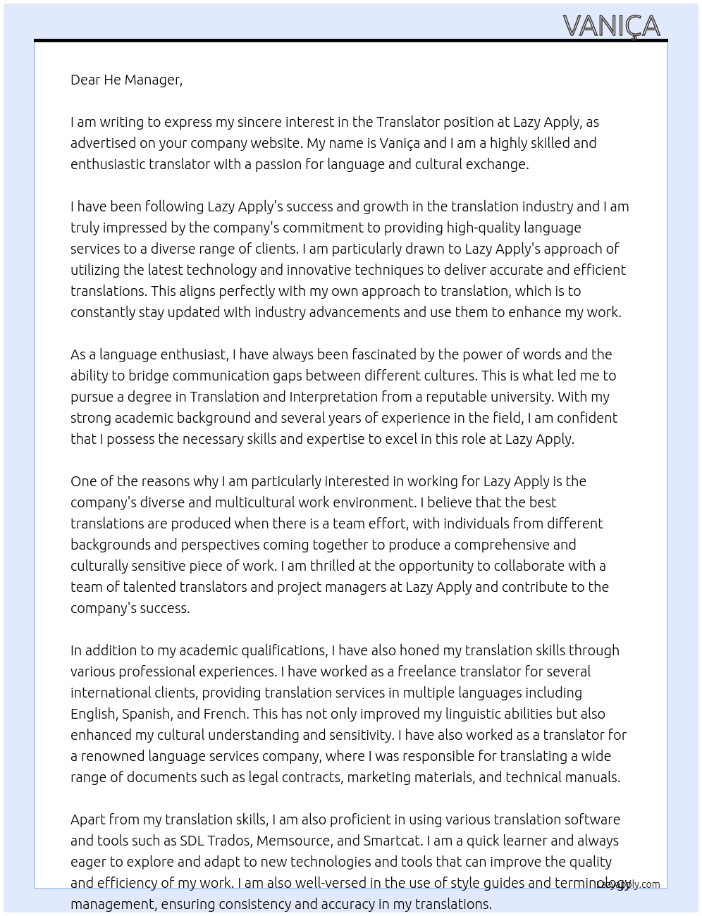 Translator  At Lazy Apply Cover Letter