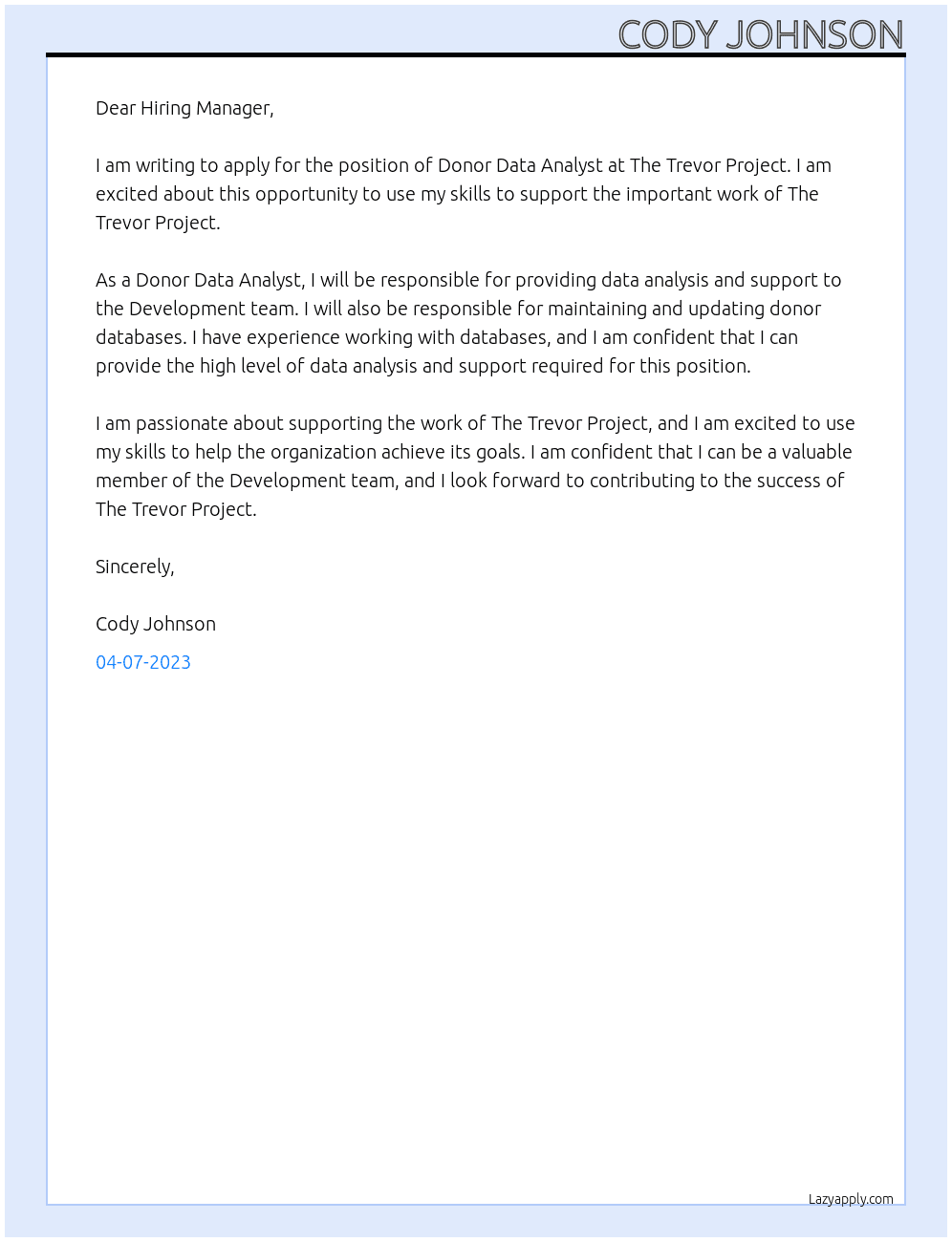 Donor Data Analyst At The Trevor Project Cover Letter