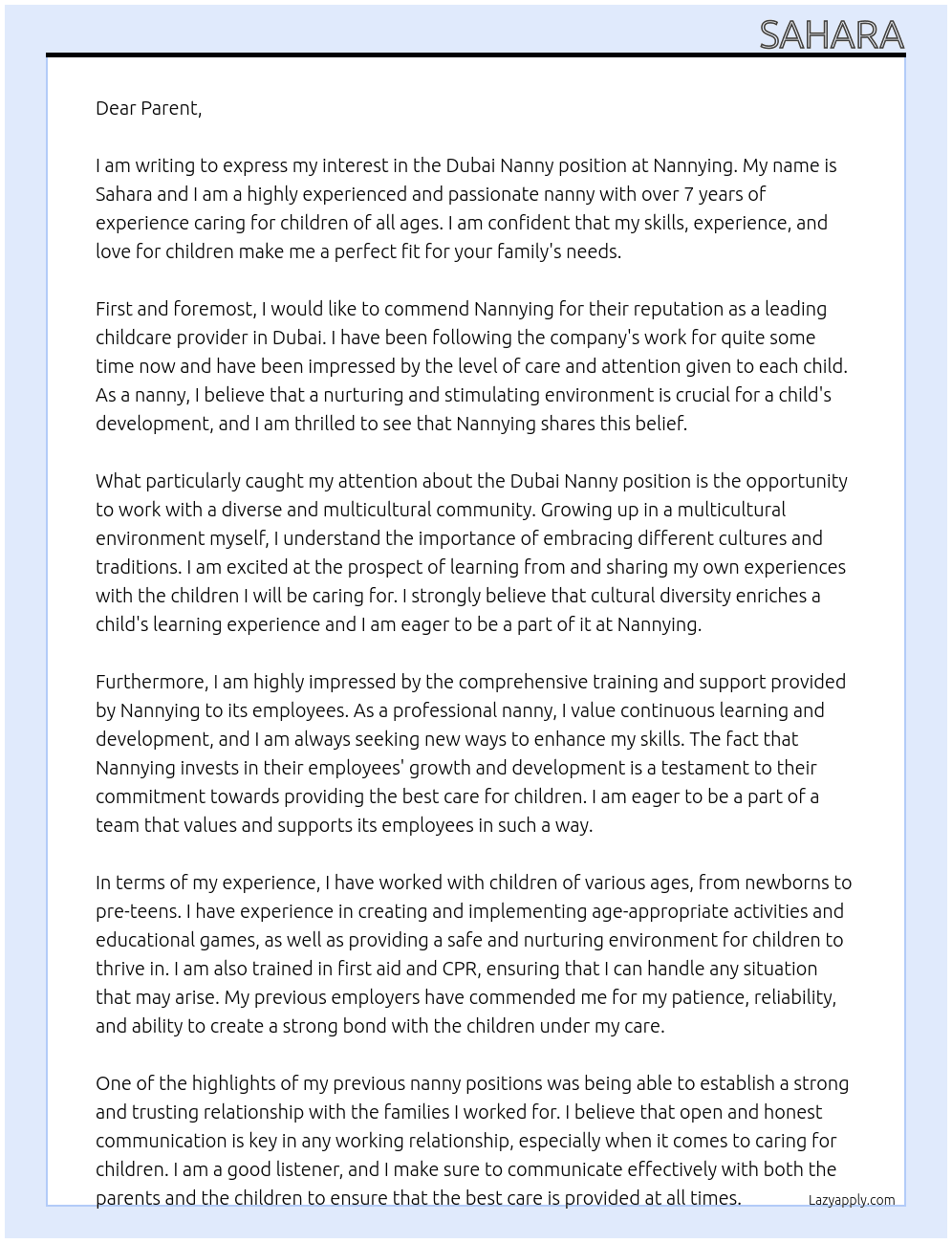 Dubai Nanny At Nannying Cover Letter