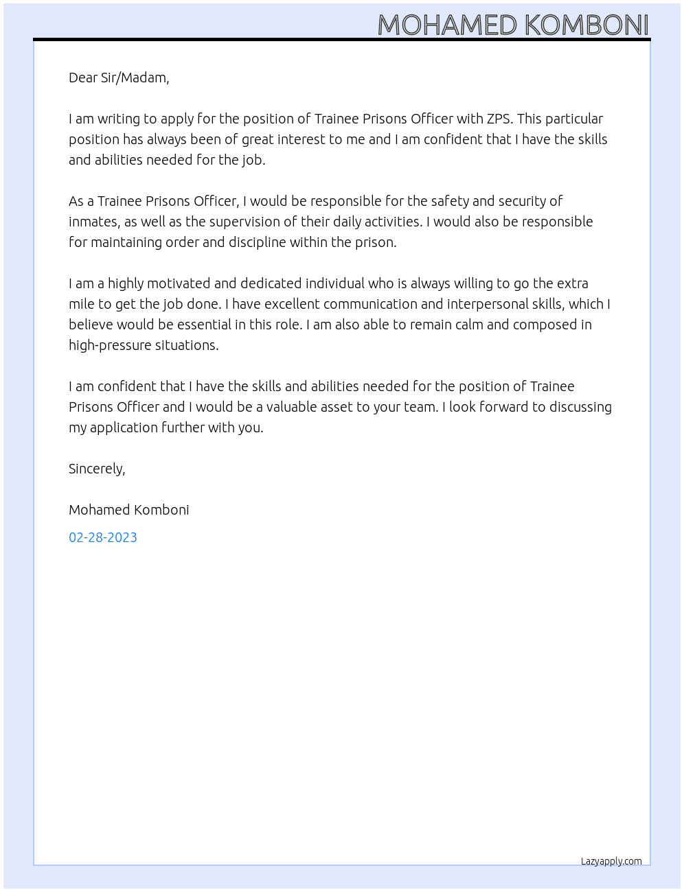 Trainee Prisons officer At ZPS Cover Letter