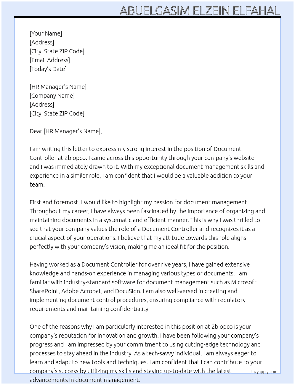 document controller At 2b opco Cover Letter