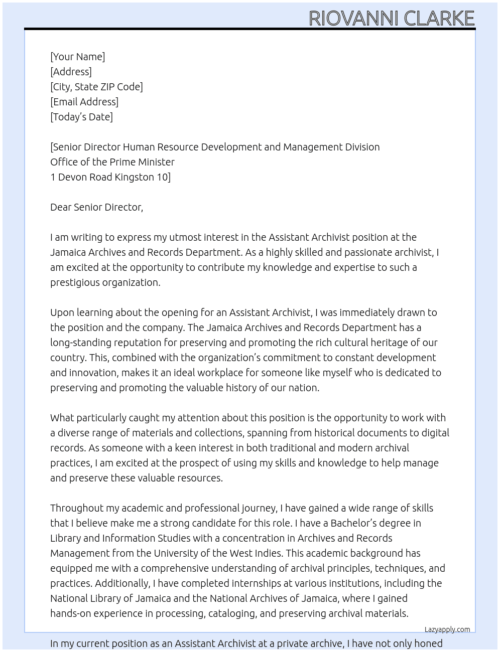 Assistant Archivist At Jamaica Archives and Records Department Cover Letter
