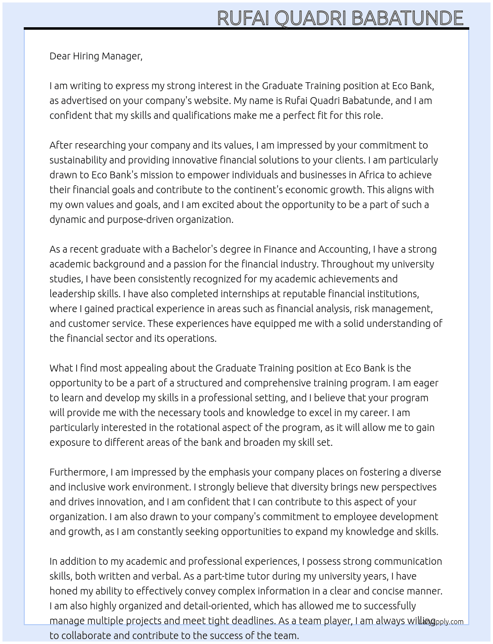 Graduate training  At Eco bank Cover Letter