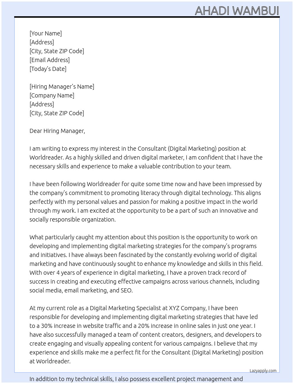 Consultant (Digital Marketing) At Worldreader Cover Letter