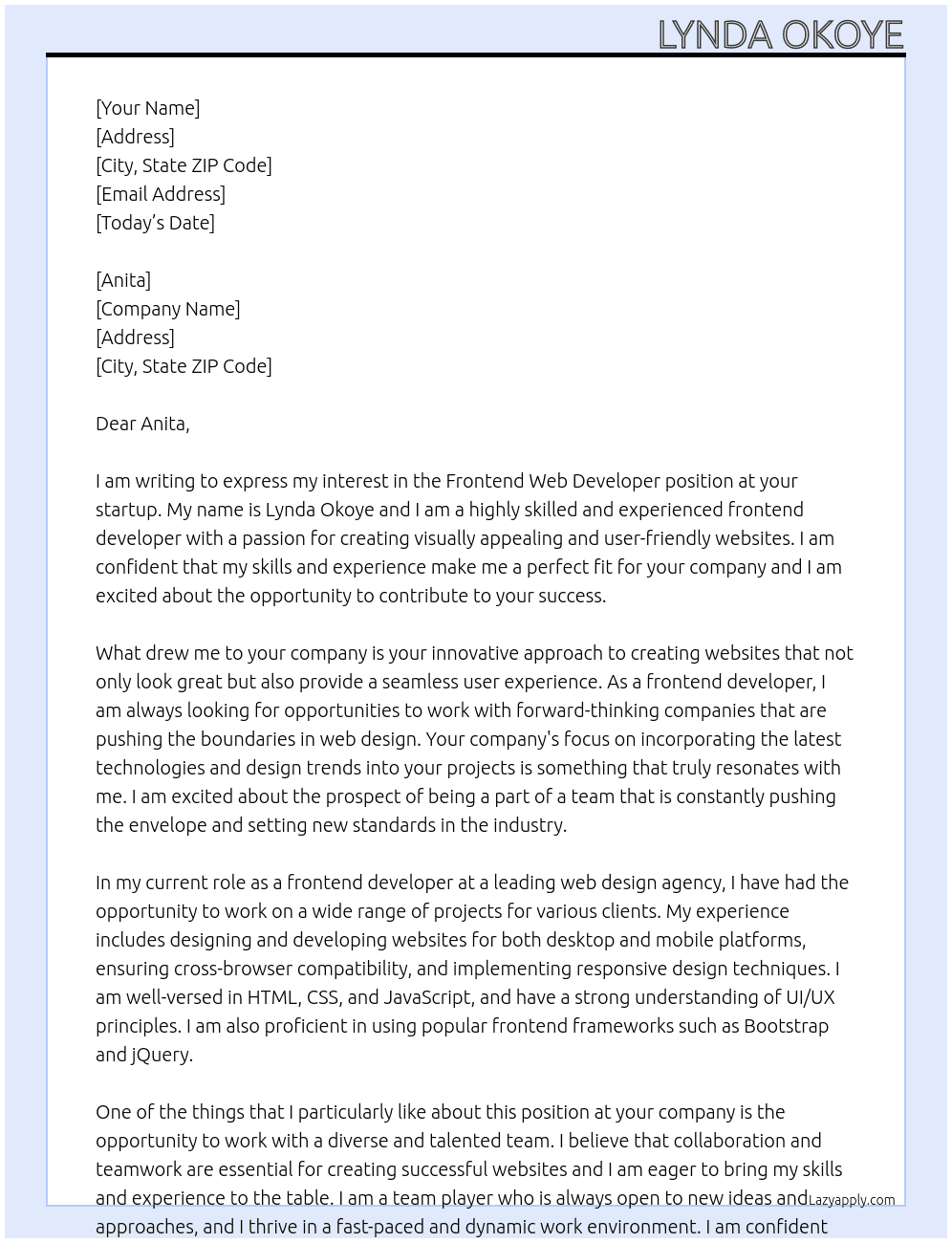 frontend web developer At startup Cover Letter
