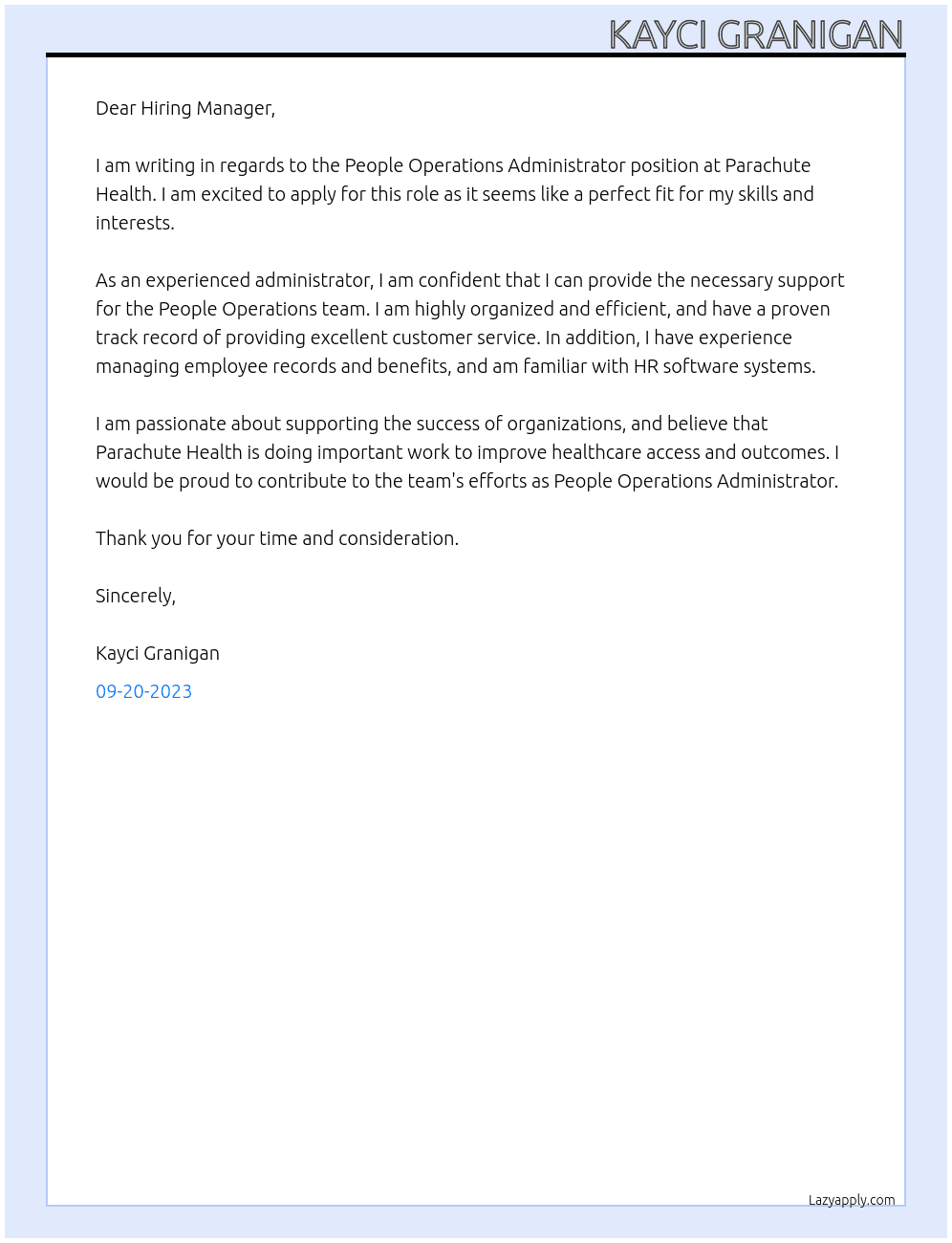 People Operations Administrator At Parachute Health Cover Letter