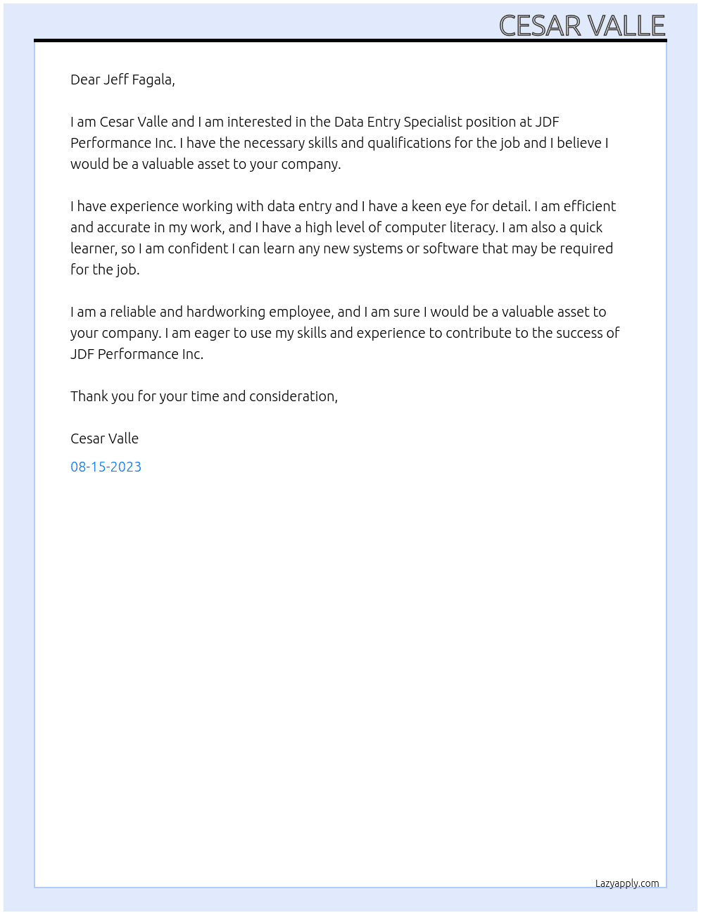 Data Entry Specialist At JDF Performance Inc. Cover Letter